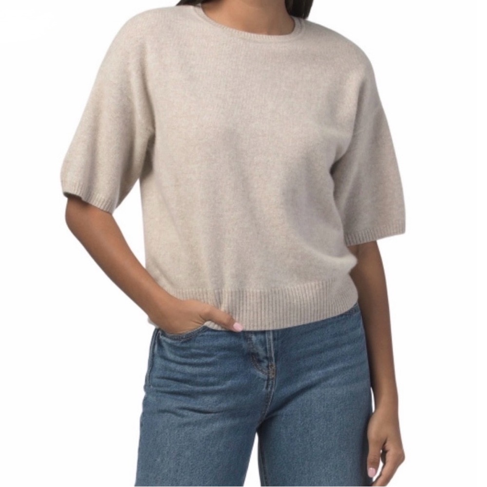 WILT CASHMERE SHORT SLEEVE CREW NECK SWEATER ELEGANT PULLOVER NEUTRAL Beige L